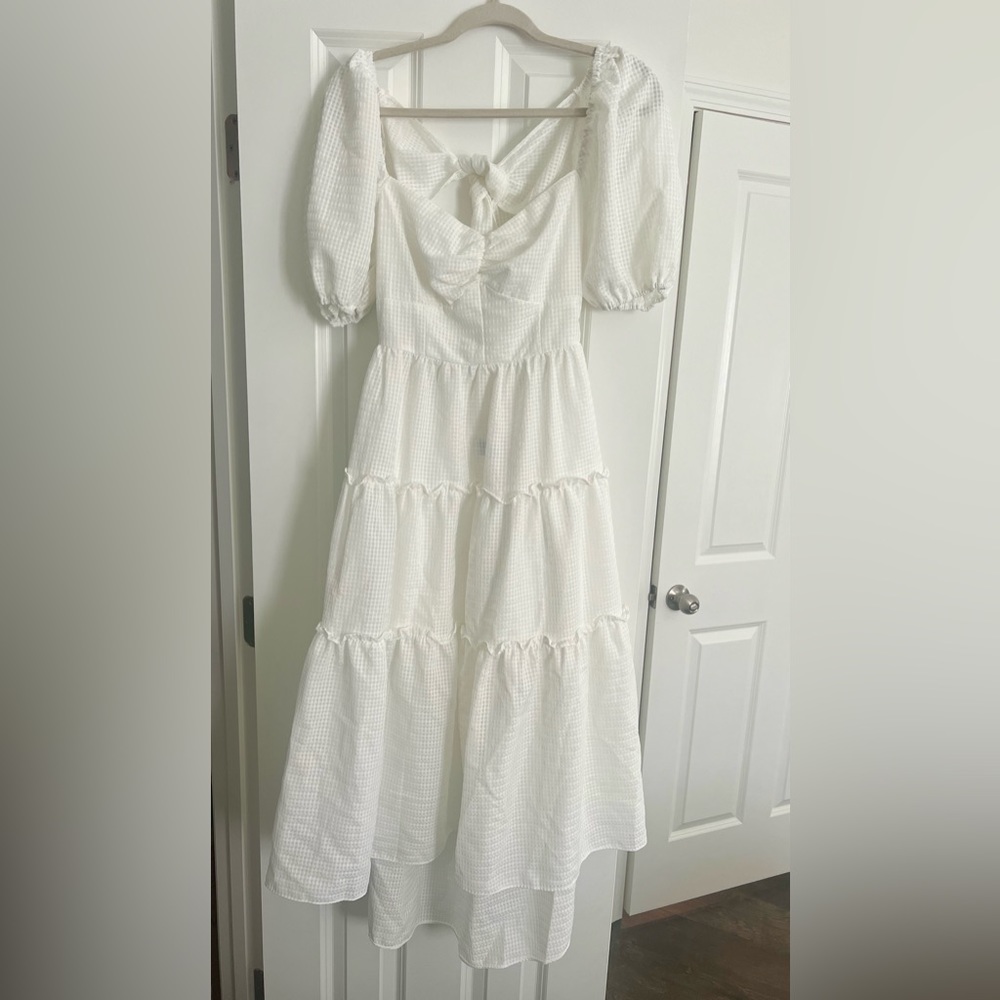 Fab’rik white midi dress with puff sleeves and keyhole back detail